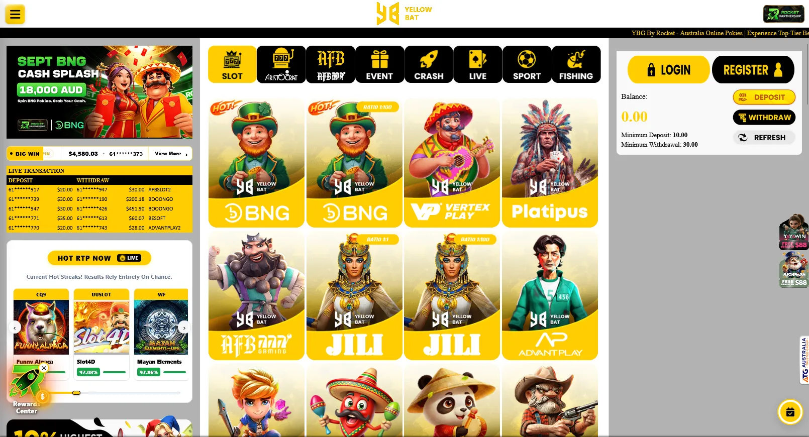 Yellowbat Casino desktop casino interface